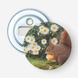 Süßes rotes Eichhörnchen und Gänseblümchen Foto Flaschenöffner