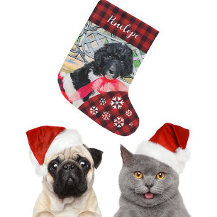 Süßes rotes Karo-Hunde Namensschild  Großer Weihnachtsstrumpf