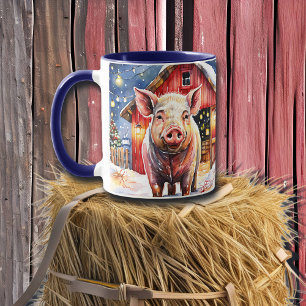 Süßes rustikales Weihnachtsschwein und Scheune Tasse