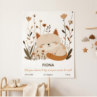 Süßes Schlafendes Kätzchen Florales Kinderzimmer P Poster