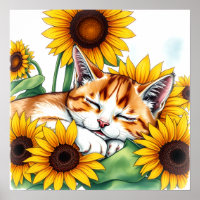 Süßes schlafendes Kätzchen und Sonnenblumen