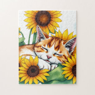 Süßes schlafendes Kätzchen und Sonnenblumen Puzzle
