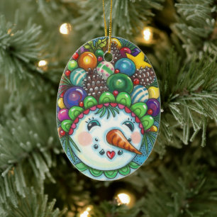 SÜßES SCHNEEMÄDCHEN MIT WEIHNACHTSPARTYHUT, FARBEN KERAMIK ORNAMENT