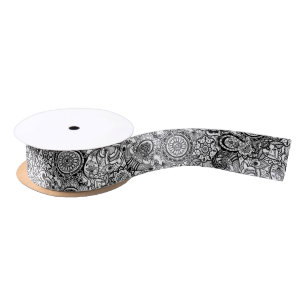 Süßes Schwarz-Weiß-Blumen-Paisley Satinband