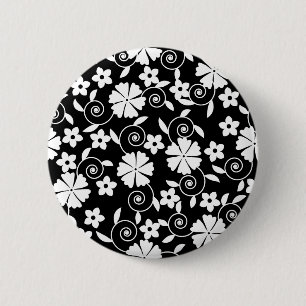 Süßes Schwarz-Weiß-Blumenwirbelmuster Button