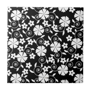 Süßes Schwarz-Weiß-Blumenwirbelmuster Fliese