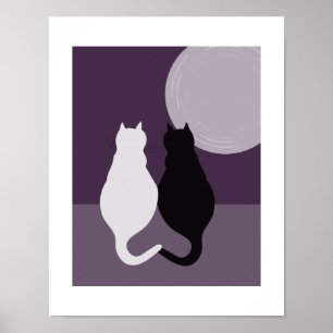 Süßes Schwarz-Weiß-Katzenpaar Lila-Blauer Nacht Poster