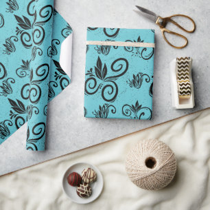 Süßes schwarzes Blumen-Vintage-Muster Cyan Geschenkpapier