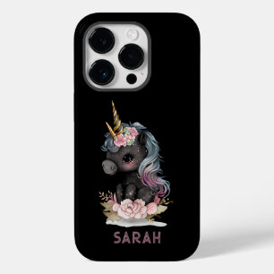 Süßes schwarzes Einhorn mit Blumen Aquarell Einhor Case-Mate iPhone 14 Pro Hülle