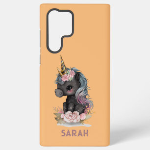 Süßes schwarzes Einhorn mit Blumen Aquarell Einhor Samsung Galaxy Hülle