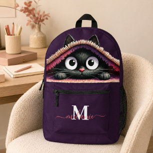 Süßes schwarzes Kätzchen, lila, mit individuellem  Bedruckter Rucksack