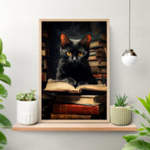 Süßes schwarzes Katzenposter beim Lesen eines Buch