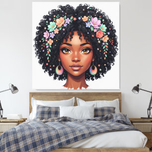 Süßes schwarzes Mädchen mit Blumenkrone Afro Leinwanddruck