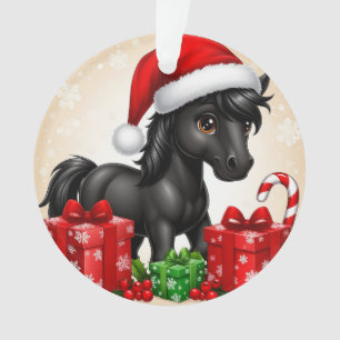 Süßes schwarzes Pony mit Weihnachtsmannmütze Ornament