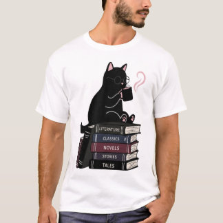 Süßes Schwarzkatzen-Kaffee-Bücher T-Shirt