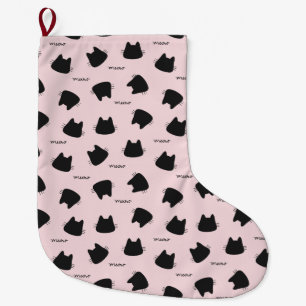Süßes Schwarzkatzenmuster Rosa Miau Kätzchen Großer Weihnachtsstrumpf