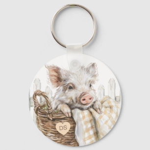 Süßes Schwein im Korb Monogramm personalisiert Schlüsselanhänger