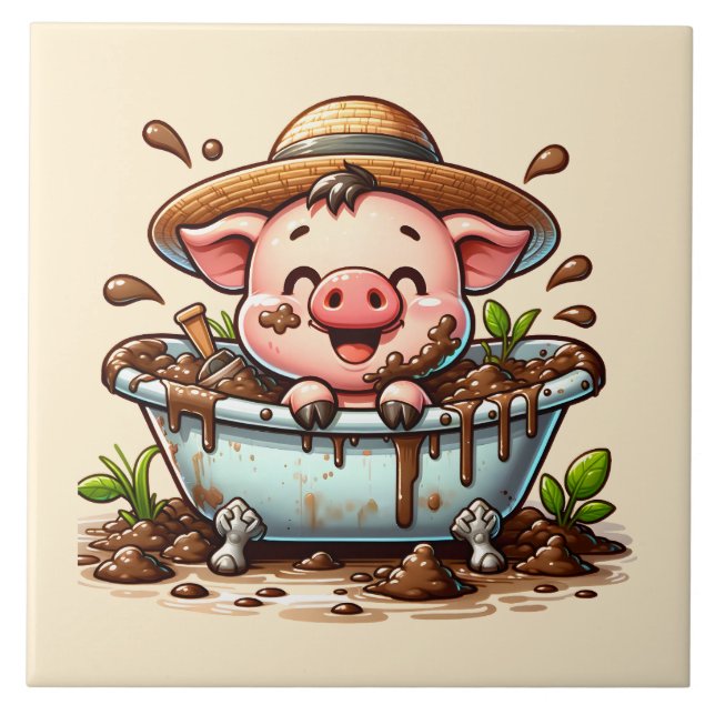 Süßes Schwein im Schlammbad-Badezimmer Fliese (Vorderseite)
