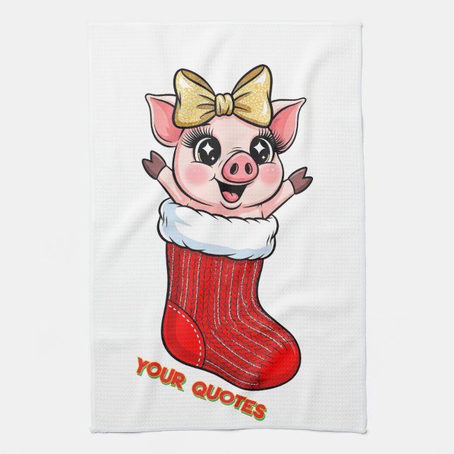 Süßes Schwein im Weihnachtsstrumpf Geschirrtuch (Vertikal)