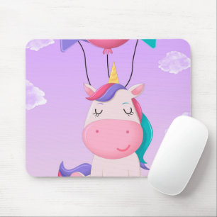 Süßes sitzendes Einhorn und Ballons Flieder Mousepad