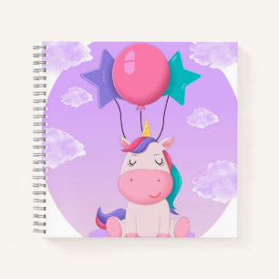 Süßes sitzendes Einhorn und Ballons Flieder Notizbuch
