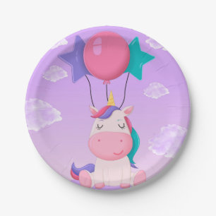 Süßes sitzendes Einhorn und Ballons Flieder Pappteller