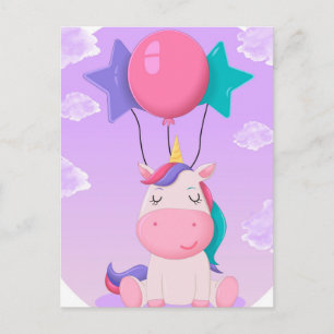 Süßes sitzendes Einhorn und Ballons Flieder Postkarte