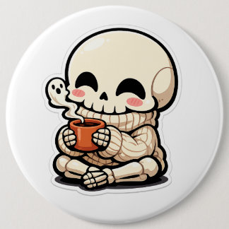 Süßes Skelett, das Kaffee trinkt Sticker – Kawaii Button
