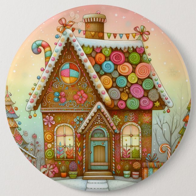 Süßes, skurriles Lebkuchenhäuschen Button (Vorderseite)