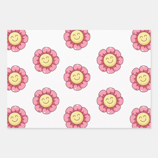 Süßes Smiley-Blumen-Geschenkpapier – Rosa Geschenkpapier Set (Vorderseite)