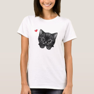 Süßes spähendes schwarzes Kätzchen mit Herz T-Shir T-Shirt