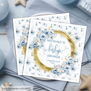 Süßes staubblaues Blütenblatt Goldbabydusche Serviette