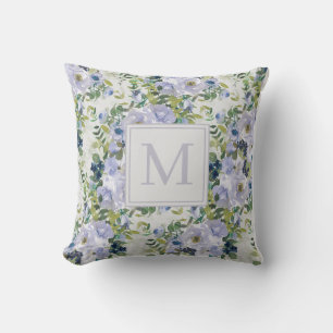Süßes staubiges Blau-Navy-Blumenmuster Weiß Monogr Kissen