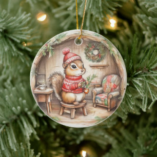 Süßes Streifenhörnchen mit Nachricht Weihnachtsbau Keramik Ornament