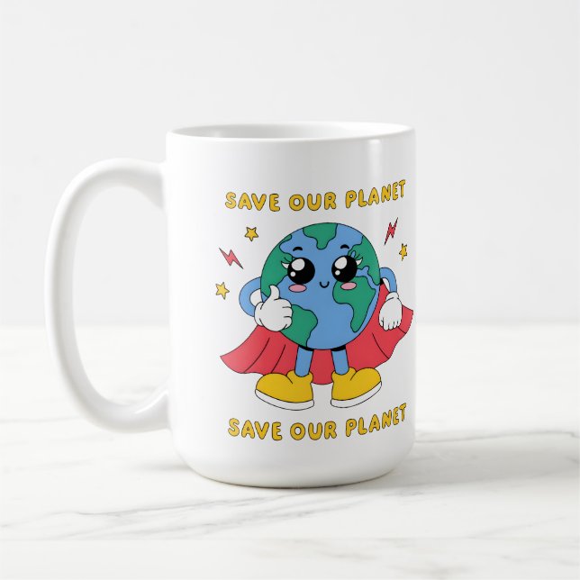 Süßes Superheld Erde Rette-unseren-Planeten-Design Kaffeetasse (Links)