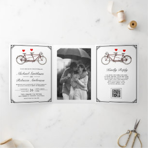 Süßes Tandem-Fahrrad-Foto-QR-Code-Hochzeit Dreifach Gefaltete Einladung