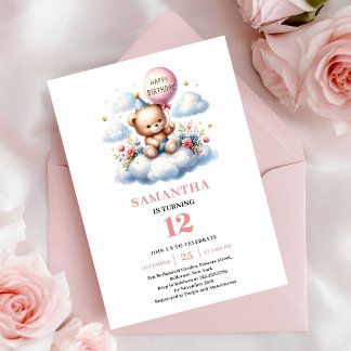 Süßes Teddybär-Ballon-Design Mädchen-Geburtstag Einladung
