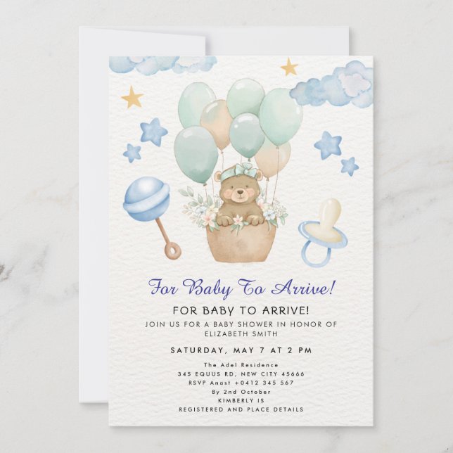 Süßes Teddybär-Ballon-Thema Einladung (Vorderseite)