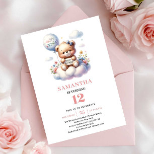 Süßes Teddybär-Ballon-Themen-Mädchen-Geburtstag Einladung