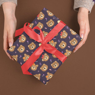 Süßes Teddybär-Gesichtsmuster Herbst Lila Geschenkpapier