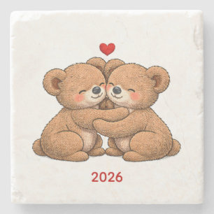 Süßes Teddybär-Paar in Liebe – Stickerei-Stil Steinuntersetzer