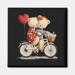 Süßes Teddybär-Paar mit Blumen-Fahrrad-Grafik Magnet