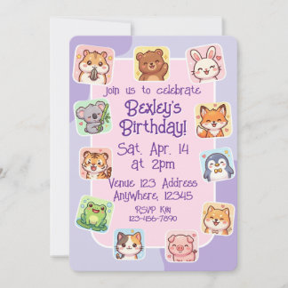Süßes Tier Sticker Rosa Lila Geburtstag Einladung