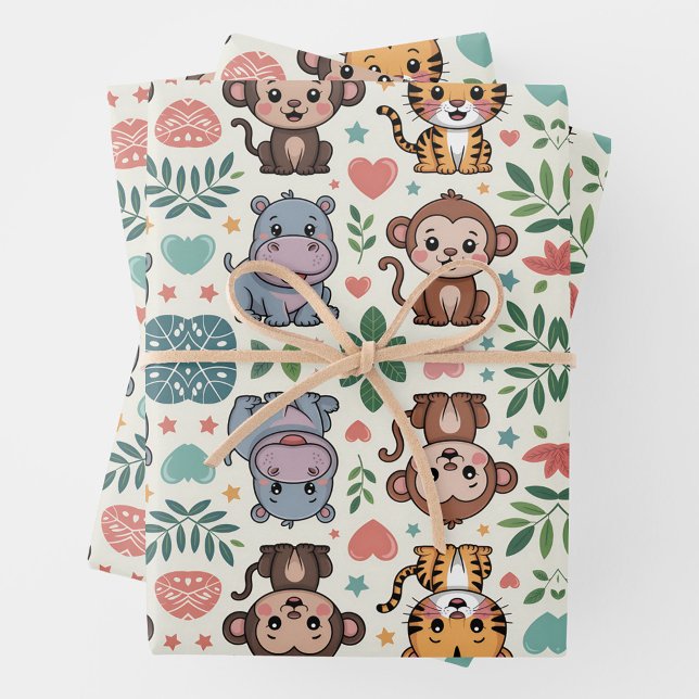 Süßes Tiermuster mit Affen, Tigern Geschenkpapier Set (Von Creator hochgeladen)