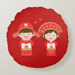 Süßes traditionelles chinesisches Brautpaar-Hochze Rundes Kissen