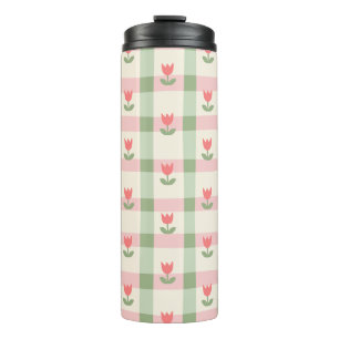 Süßes Tulpen-Karo-Muster Pastell-Blumen Thermosbecher