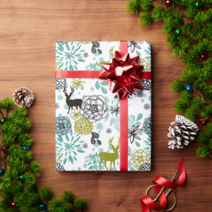 Süßes Türkis-Blau-Grün-Blumen- und Hirsch-Kunstmus Geschenkpapier