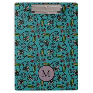 Süßes Türkis-Blumenmuster-Monogramm Klemmbrett