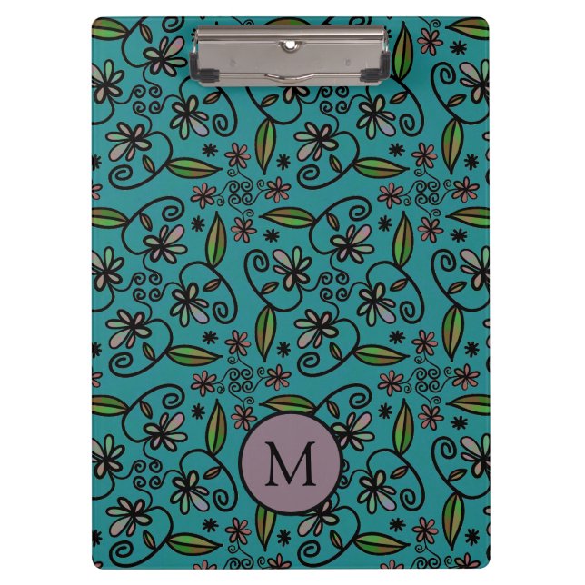 Süßes Türkis-Blumenmuster-Monogramm Klemmbrett (Vorderseite)
