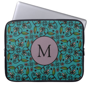 Süßes Türkis-Blumenmuster-Monogramm Laptopschutzhülle